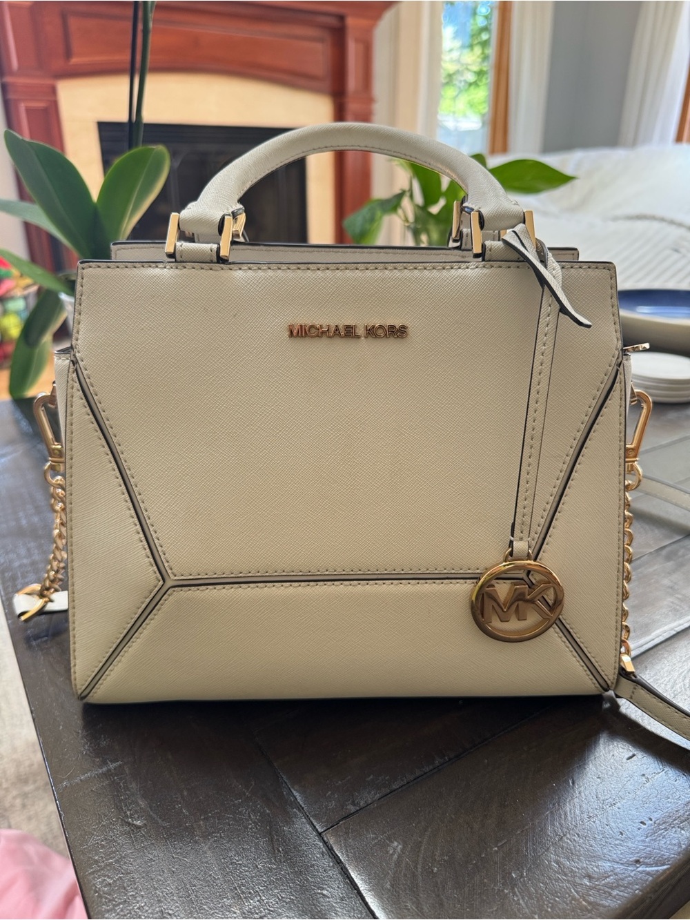Michael Kors Cream Saffiano Leather Top-Handle Satchel with Gold Hardware